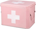 Flexzion First Aid Box Organizer, Empty 8.5 Inch Pink Vintage First Aid Kit Tin Metal Medical Box First Aid Storage Box Container Bins with Dividers, Removable Tray and Cross Logo