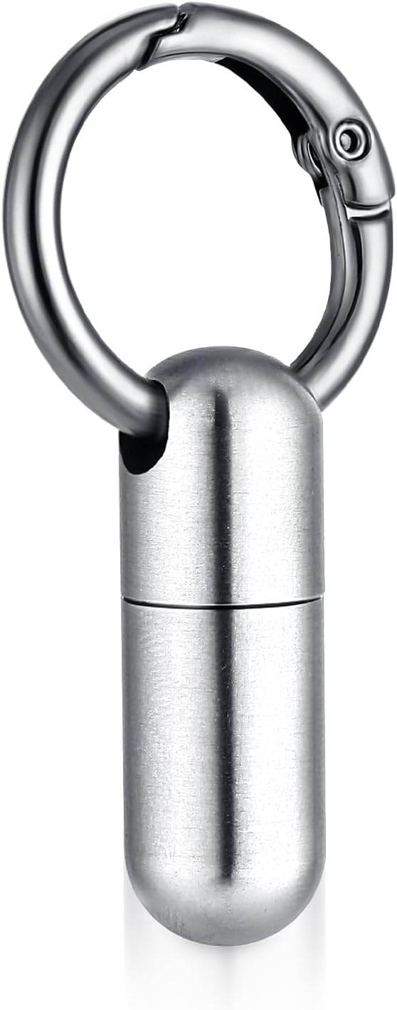 Small Pill Case Keychain Tiny Portable Carabiner Clip Pill Holder Bottle Micro Waterproof Metal Pill Container Mini Emergency Medicine Organizer for Outdoor Camping Travel Purse