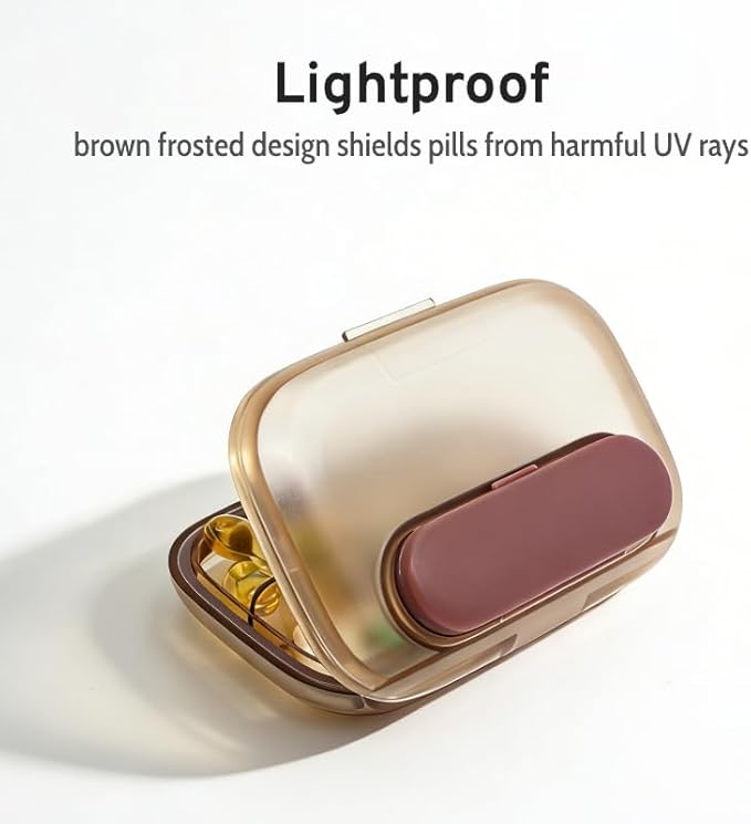 Small Travel Pill Case, Portable Brown Pill Box with Removable Magnetic Mini Pod, Lightproof Moistureproof Pill Dispenser, Compact Medication & Vitamin Organizer