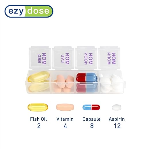 EZY DOSE Weekly (7 Day) 4 Times a Day Push Button Pill Organizer and Vitamin Planner, Removable Daily Pillboxes, Purple, Clear Lids, Small