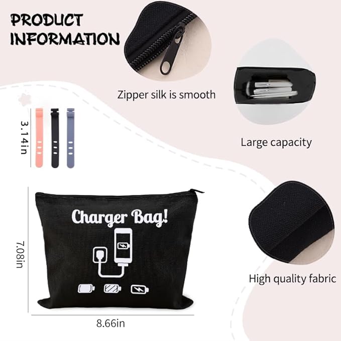 Charger Bag for Traveling Camping Cable Cord Organizer Bag for Travel Anti Loss Pouch for Electronics Bags for Power Cords Usb Wire Storage Case Plug Makeup Bags for Men Women Earphone Tie Wrap 3 Pack