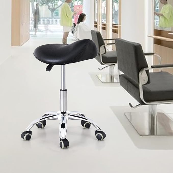 Saddle Stool with Wheels, Ergonomic Rolling Height Adjustable Chair for Medical Clinic Dental Tattoo Hair Stylist Salon Facial Nail Artist Spa, Swivel Pu Leather Stool,Black