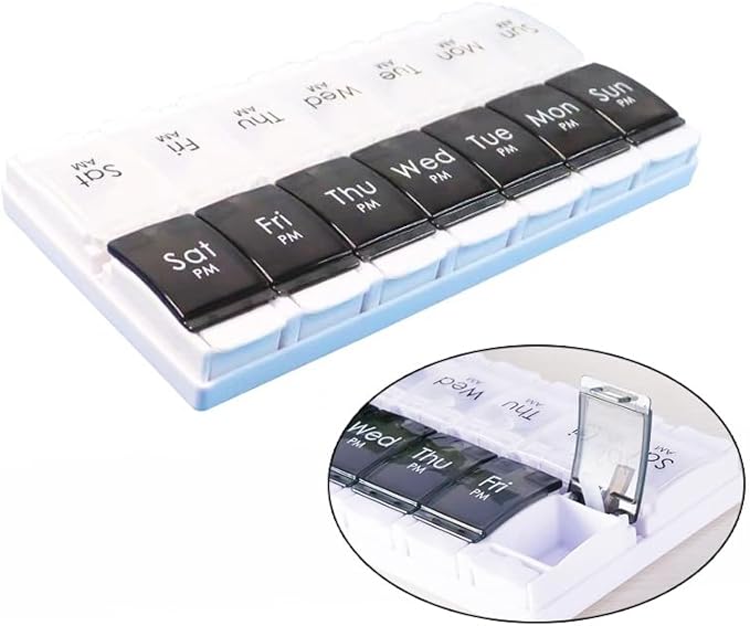 7-Day Weekly Pill Case, Daily Medicine Box Planner, Portable Vitamin Organizer Dispenser, AM/PM, Large 14 Compartments Capsule Fish Oil Tablet Container, Black and Transparent Lids, BPA Free