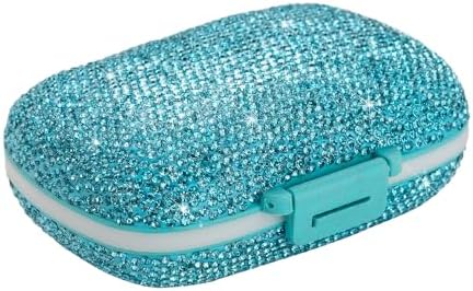 Daily 6 Compartments Pill Box Container Bling Diamond for Purse Medicine Container Holder for Women Travel Kit Medicine (Lake Blue)