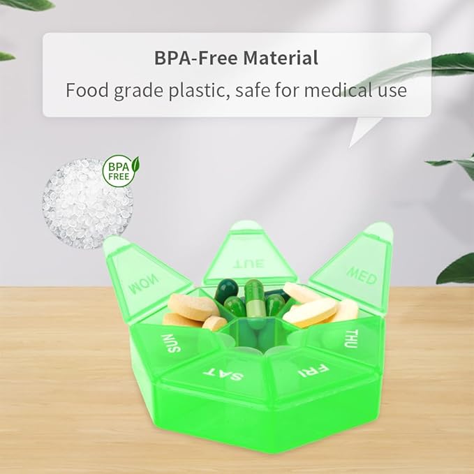 Pill Organizer, Pill Box, Small Pills Case, Medicine Organizer 1 Time a Day, Weekly Medicine Organizers, Containers, Pil Daily Medicines Holder Travel Box 7 Day (Light Green)