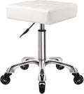 Modern Heavy Duty Rolling Stoool Square Thick Leather Seat 360 Swivel Stool with Wheels Height Adjustable Stool Chair for Home Kitchen Drafting Lab Office Salon Massage（White）
