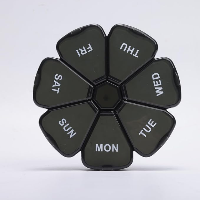 7 Day Pill Organizer, Circular Portable Pill Case with 7 Color-Coded Compartments, Transparent Petal-Shaped Weekly Pill Box for Vitamins, Supplements, Medication Colorful