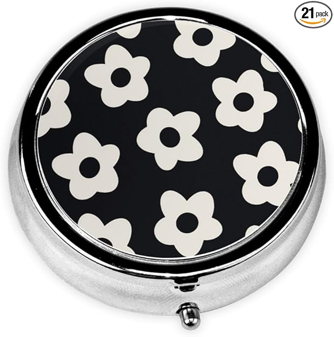 Pill Box 3 Compartment Pocket Cute Small Pill Organizer Mini Metal Pill Holder Travel Portable for Woman Old People and Children - White Flower