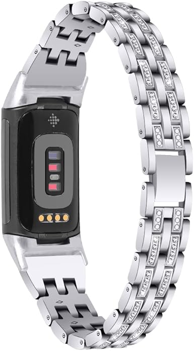Chic Cute Bling Bands Compatible with Fitbit Charge 6/Charge 5 Fitness & Health Tracker,Rhinestone Dressy Bracelet Stainless Steel Metal Replacement Strap Wristbands Jewelry Strap Women(Silver)