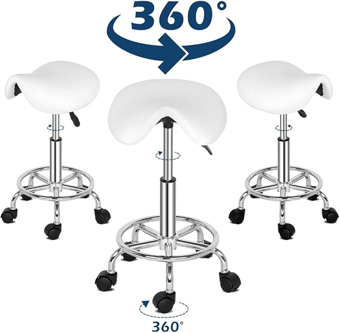 Modern Rolling Saddle Seat Stool Chair,PU Leather Swivel Adjustable Rolling Stools,Ergonomic Swivel Salon Spa Barstools,Office Drafting Chairs,with Wheels,for Home, Kitchen, Medical, Lab (White)