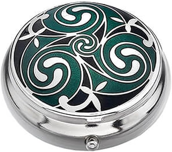 Enameled Metallic Pill Box Plastic-Lined Compartment 1.5" Diameter Birthday Gift Souvenir Present Health Care Organizer (Triskelion)