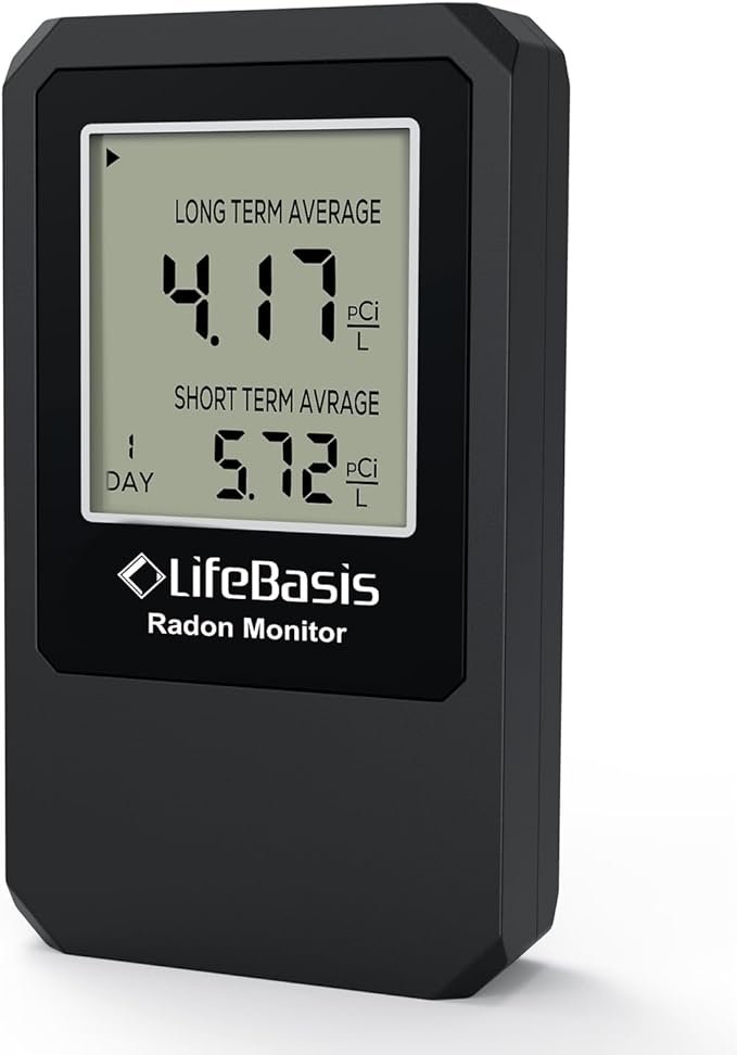 LifeBasis Radon Detector, Radon Test for Home with Long and Short Term Radon Meter, Home Radon Gas Monitor US Version-pCi/L (Update Version, Matte Black)