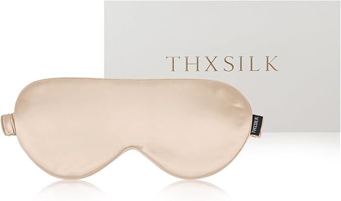 THXSILK Sleep Mask 100% 25 Momme Pure Mulberry Silk Super Smooth Cooling Sleep Eye Mask Blackout for Women/Man/Kids, Eye Cover with Wide Head Strap for Good Night Sleep, Champagne