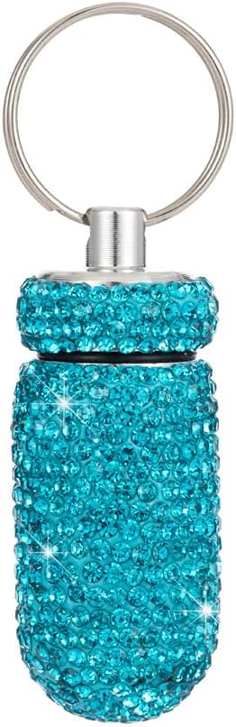 1PCS Bling Crystal Rhinestone Portable Pill Case Pill Container Waterproof Pill Holder with Keychain Glitter Travel Pill Box Small Medicine Dispenser Bottle Storage for Outdoor Camping Travel,N
