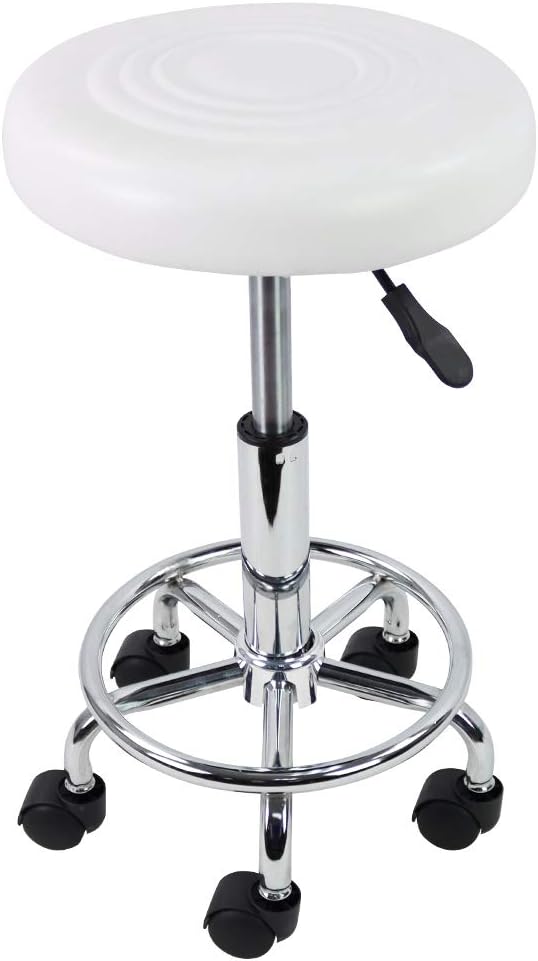 KKTONER PU Leather Modern Round Rolling Stool with Footrest Height Adjustable Spa Drafting Salon Tattoo Work Massage Stools Task Chair Small (White)
