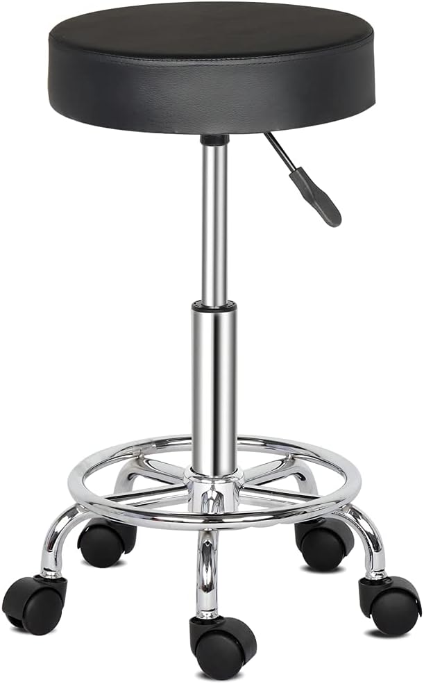 Modern Rolling Round Stool Chair,PU Leather Swivel Adjustable Rolling Stools,Ergonomic Swivel Salon Spa Barstools,Office Drafting Chairs,with Wheels,for Home, Kitchen, Medical, Lab (Black)