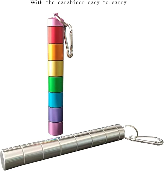 7 Days Rainbow Colour Aluminum Cantainer with Carabiner ，Stackable Metal Container，Waterproof Travel Cute Box Holder (1 Rainbow Container and 1 Silver Container