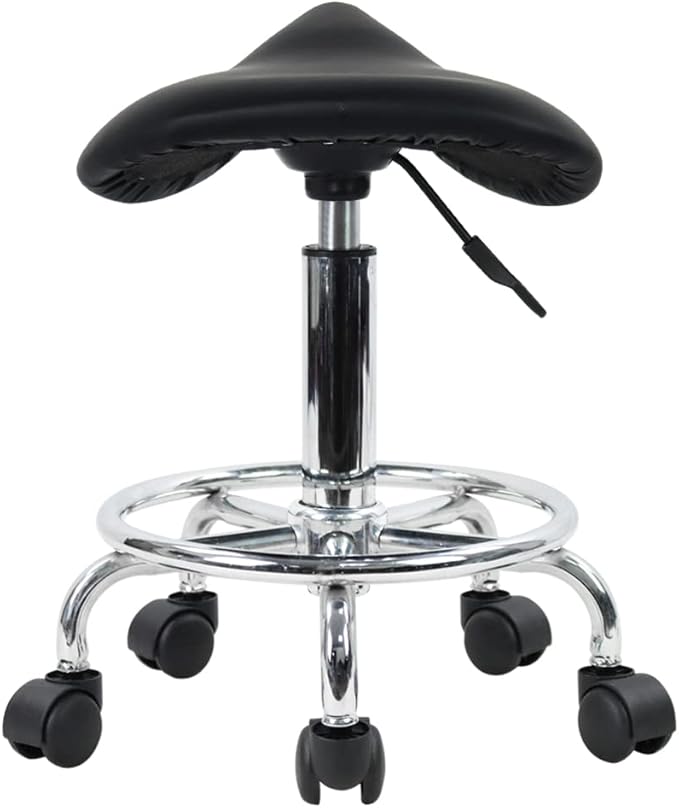 KKTONER Saddle Stool with Foot Rest PU Leather Swivel Adjustable Rolling Stool with Wheels Facial Salon Chair (Black)