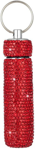 Bling Rhinestone Pill Case Portable Waterproof Pocket Pill Holder Bottle Storage with Keychain for Travel, Outdoor, Camping (red)