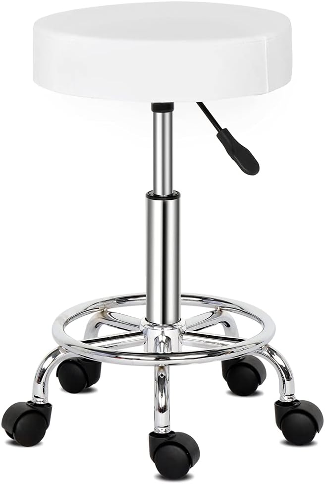 Modern Rolling Round Stool Chair,PU Leather Swivel Adjustable Rolling Stools,Ergonomic Swivel Salon Spa Barstools,Office Drafting Chairs,with Wheels,for Home, Kitchen, Medical, Lab (White)