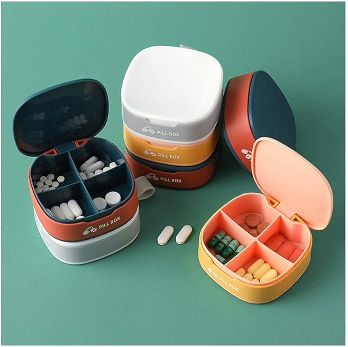 Pill Box 4 Compartment Pill Container for Purse, Portable Medicine Organizer Daily Vitamin Organizer Small Pill Case Cute Pill Organizer Travel Pill Holder Vitamin Organizer (Blue, 1PCS)