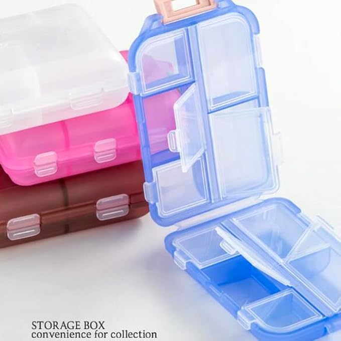 Small Travel Pill Box Organizer, 10 Compartment Pill Case Planner, Portable Folding Daily Medcine Container Capsule Dispenser for Storage Medication, Meds, Vitamin, Fish Oil, Supplement, Blue