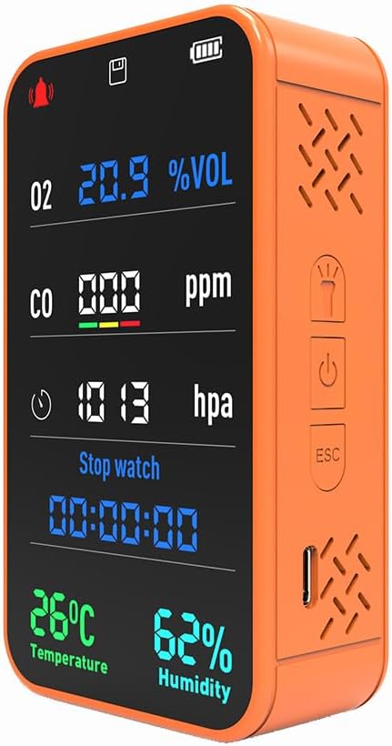 7-in-1 Portable Sensor for O2 | CO | Air Pressure | Temperature | Humidity Detection - 3000mAh Rechargeable Battery, SD Card, Built-in Flashlight & Stopwatch, Portable Gear for Hiking, Camping, RVs