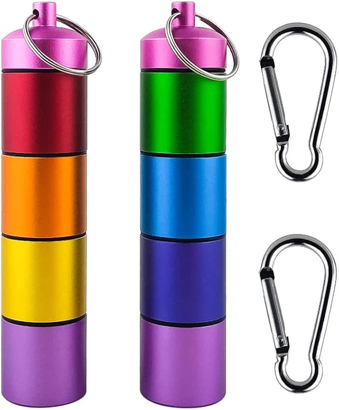 7 Days Rainbow Colour Aluminum Box with Carabiner ，Stackable Metal Container，Waterproof Travel Cute Box Holder (2 Rainbow Bottle)