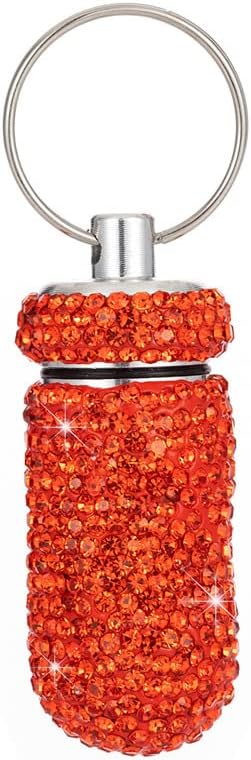 1PCS Bling Crystal Rhinestone Portable Pill Case Pill Container Waterproof Pill Holder with Keychain Glitter Travel Pill Box Small Medicine Dispenser Bottle Storage for Outdoor Camping Travel,P