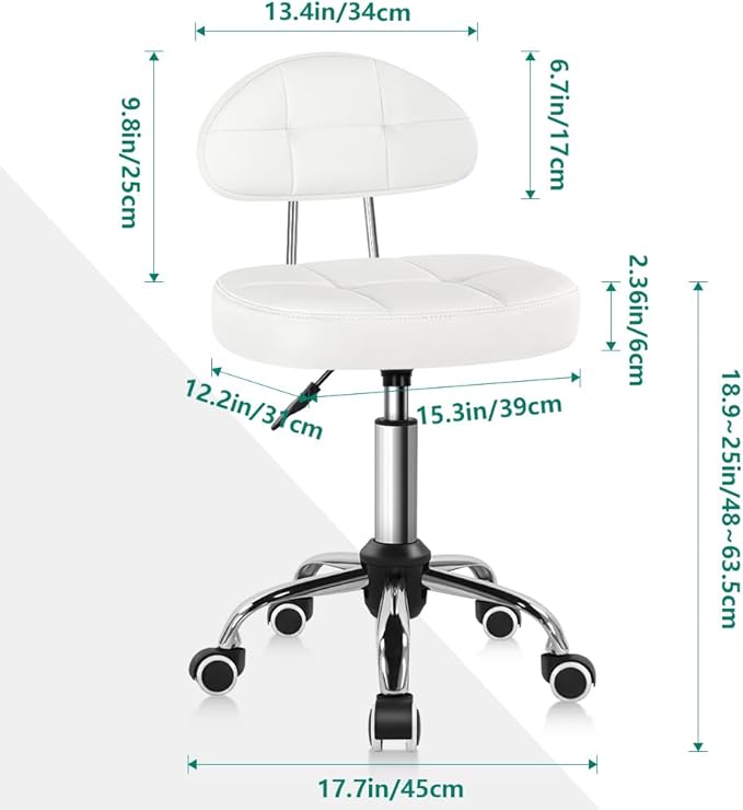 Square Minimalist Swivel Stool with Wheel for Work SPA Shop Massage Height-Adjustable and Cost-Effective Rolling Stool Chair with Back White