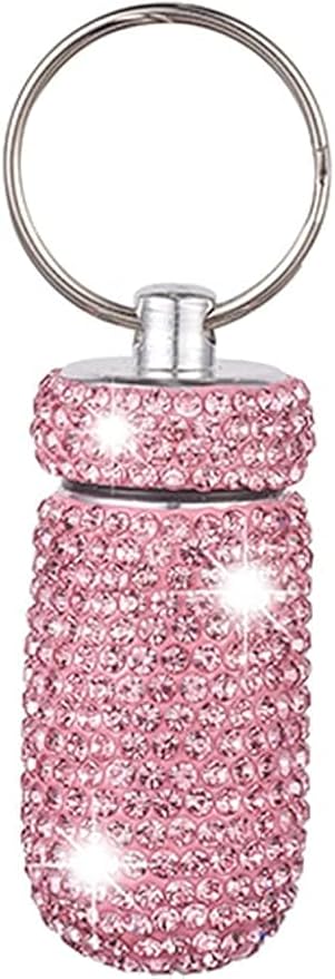 Bling Pill Container Portable Pill Bottle Case Pill Holder Keychain Medicine Holder Mini Size Waterproof and Light Weight for Outdoor Camping Traveling (Pink)