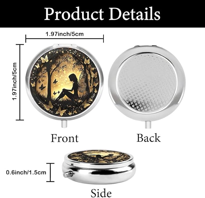 Portable Round 3 Compartment Metal Pill Box Enchanted Fairy & Butterflies Print Ideal for Office Coffee Shop Traveling
