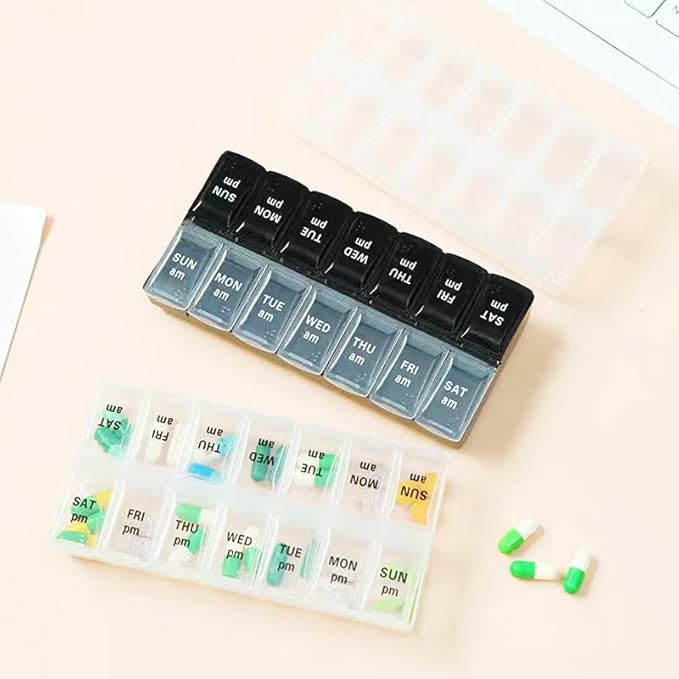 Large Pill Organizer, Weekly Portable Pill Dispenser Reminder, Travel Daily Pill Case Box Holder, Medication Planner for Vitamin, Medicine, Fish Oil, Supplements, 14 Compartment, Transparent