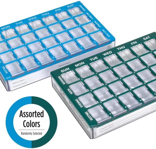 EZY DOSE 2 Pack Pharmadose 7-Day Pill, Medicine, Vitamin Organizer Box Case Weekly, 4 Times a Day, Medium Compartments Clear Lids (2 Pack - Random Colors)