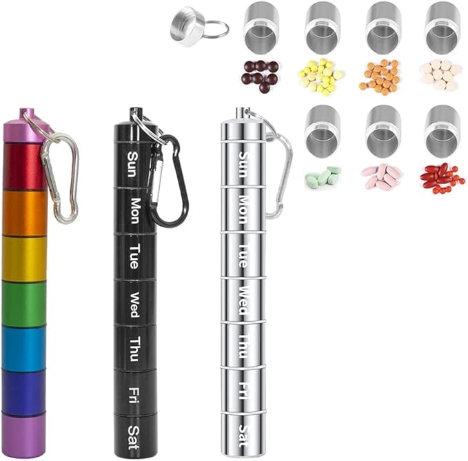 Tvoip Portable Pill Case Keychain Waterproof 7 Days Pill Holder Travel Pill Container Portable Medicine Keychain Daily Airtight Pill Organizer for Outdoor Camping Travel (Rainbow)