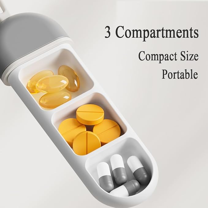 Daily Travel Pill Case, 3-Tray Medicine Planner, Vitamin Organizer Box with Holder, Small Cute Dispenser Tracker Container for Medication, Meds, Capsule, Fish Oil, Tablets, Antibiotics, Grey