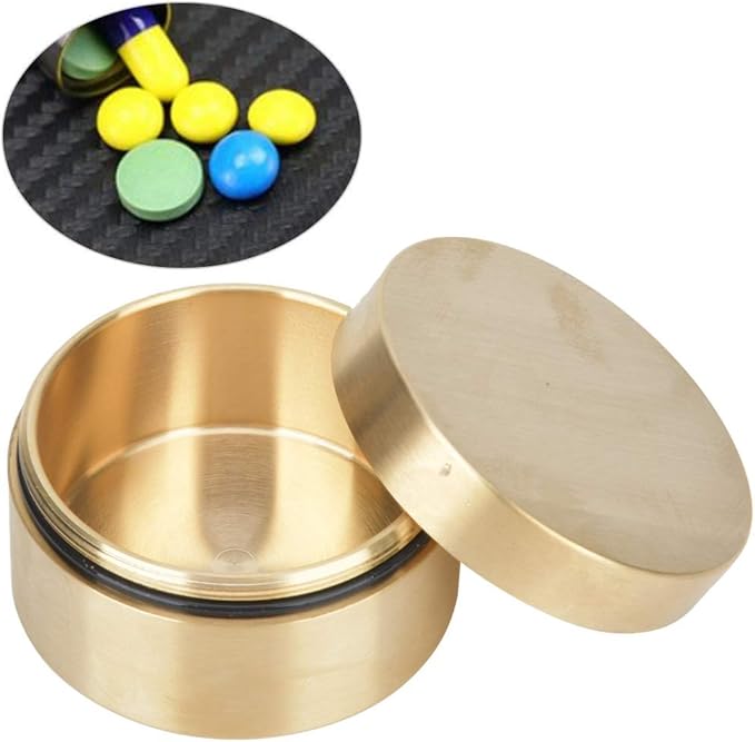 Alvinlite Portable Daily Pill Case, Brass Round Small Pill Box, Waterproof Metal Jewelry Pill Organizer Medicine Vitamin Holder Container with Lid for Outdoor Travel Working(L)