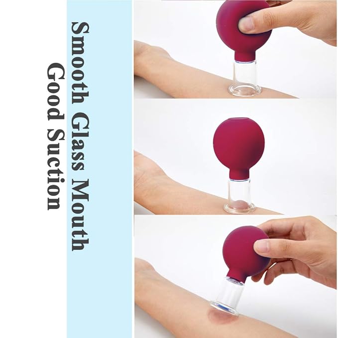 FeelFree Sport Glass Facial Cupping Set- 4pcs Silicone Vacuum Suction Face Massage Cups Anti Cellulite Lymphatic Therapy Sets for Eyes, Face and Body (Rose red)