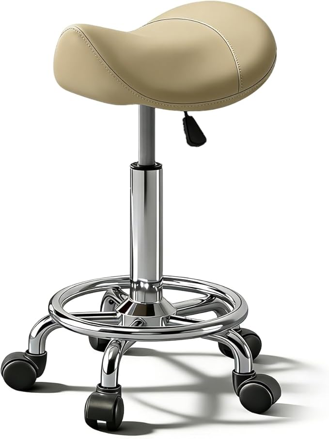 Saddle Stool with Ring Pedal, Adjustable Hydraulic Rolling Chair with Wheels for Medical, Massage, Salon, Spa, Kitchen, and Drafting Use