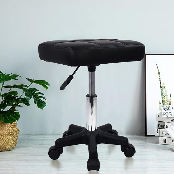 FURWOO Rectangle Rolling Stool with Wheels Height Adjustable Swivel Stool Chair for Spa Salon Massage Black