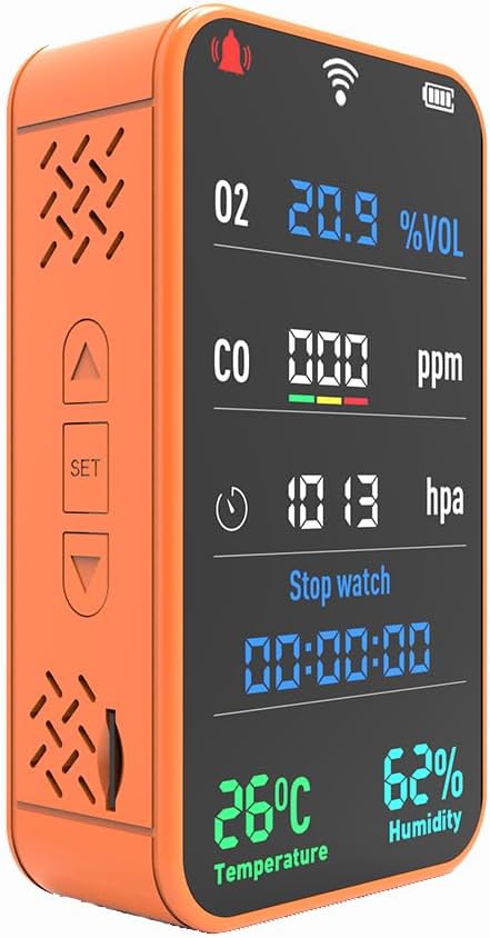 7-in-1 Portable Sensor for O2 | CO | Air Pressure | Temperature | Humidity Detection - 3000mAh Rechargeable Battery, SD Card, Built-in Flashlight & Stopwatch, Portable Gear for Hiking, Camping, RVs