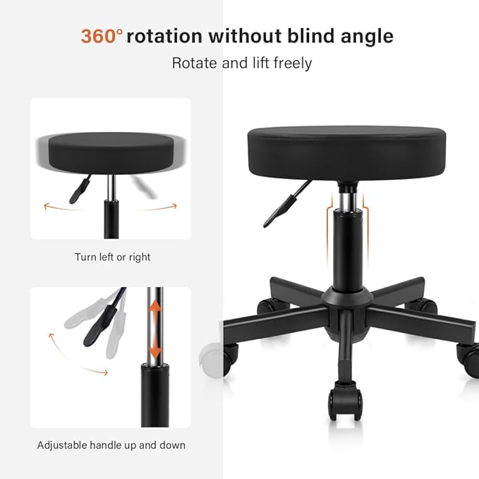 KKTONER Round Stool Rolling Stools PU Leather Height Adjustable Stool with Wheels Swivel Spa Drafting Work Chair Small (Black)