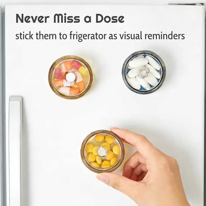 Stackable Magnetic Pill Case, Small Pill Box with Screw Cap, Moistureproof Pill Dispenser, Compact Medication & Vitamin Organizer