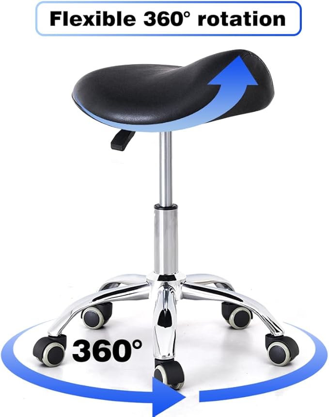 Saddle Stool with Wheels, Ergonomic Rolling Height Adjustable Chair for Medical Clinic Dental Tattoo Hair Stylist Salon Facial Nail Artist Spa, Swivel Pu Leather Stool,Black