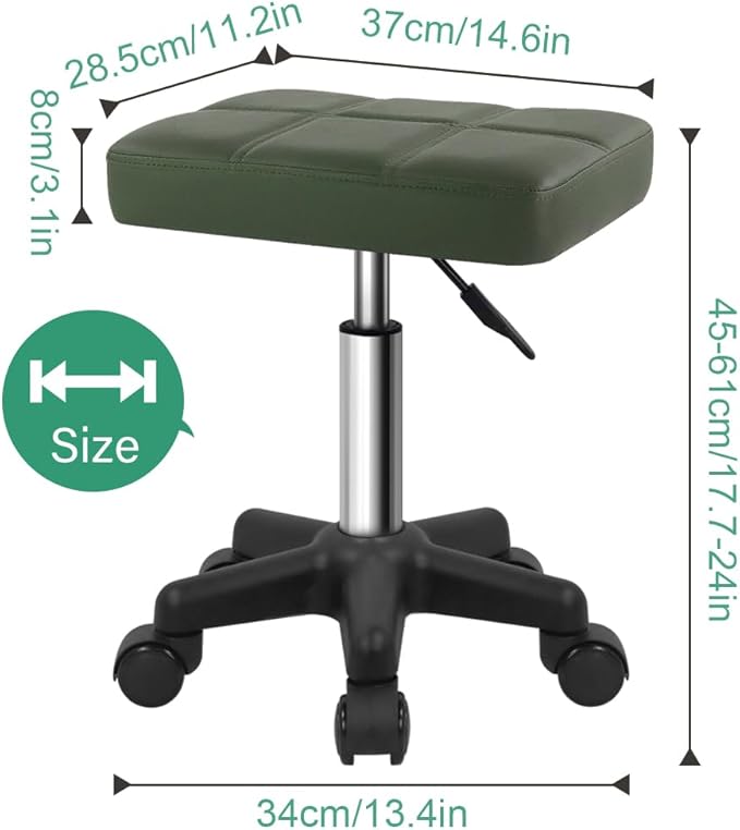 FURWOO Rectangle Rolling Stool with Wheels Height Adjustable Swivel Stool Chair for Spa Salon Massage Green