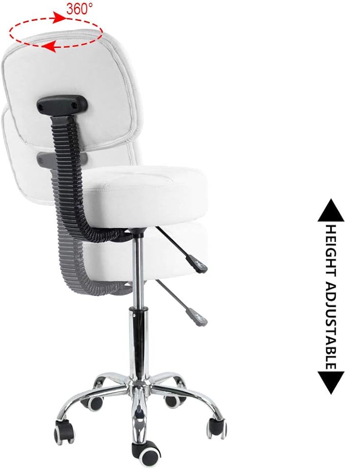 Round Rolling Stool with Back PU Leather Height Adjustable Swivel Drafting Work SPA Medical Salon Stools Chair with Wheels (White)