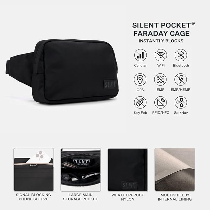 SLNT Compact Faraday Sling Bag with Signal Blocking Faraday Phone Sleeve, EMF-reducing, and RFID-blocking Pockets