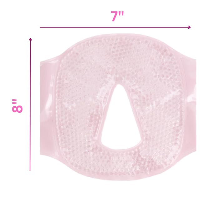 Hot and Cold Therapy Gel Bead Full Facial Mask by FOMI Care | Ice Face Mask for Migraine Headache, Stress Relief | Reduces Eye Puffiness, Dark Circles | Fabric Back (Full Face w/o Eye Holes Pink)