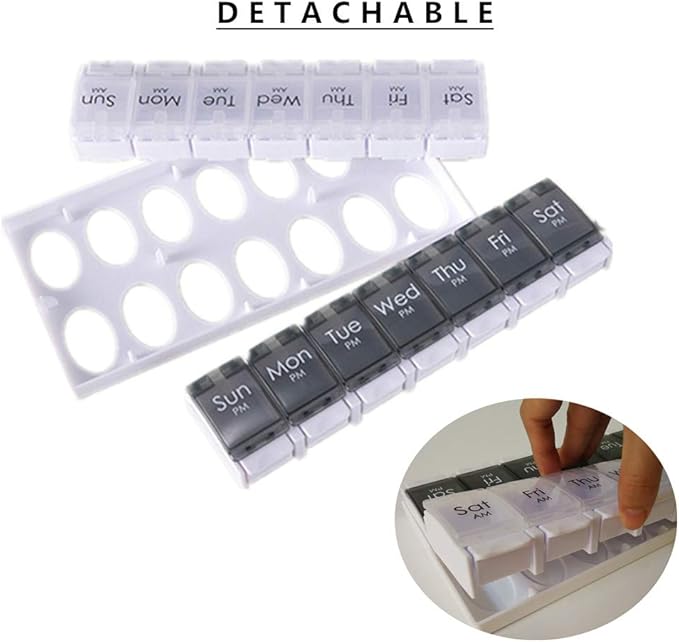 Pill Box Organiser 7-Day Weekly for AM PM Day Night Twice a Day, Pill Case with 14 Compartments for Vitamin Capsule Supplements Press Open Black-White (2time1day-blk)