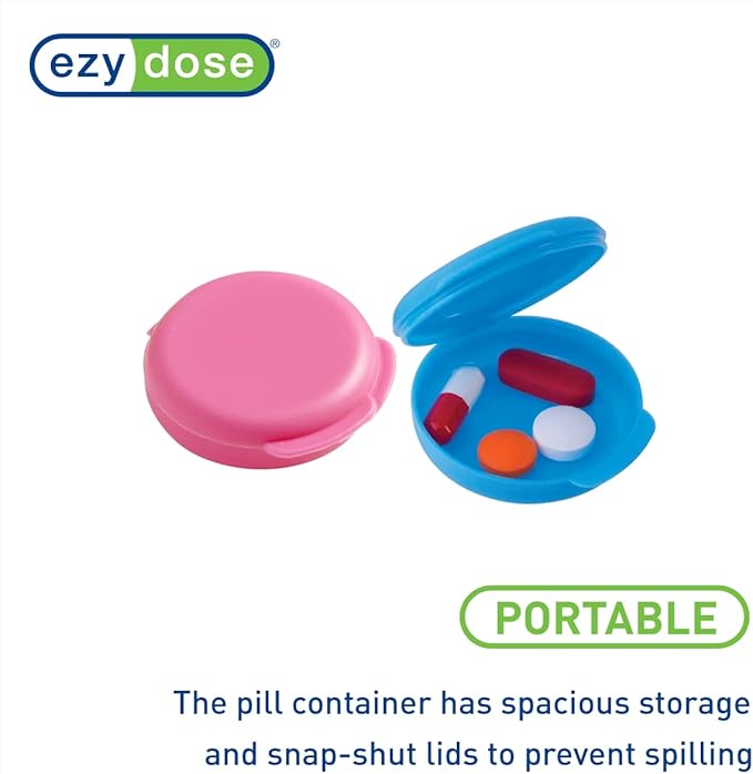 EZY DOSE Daily Round 2 Pack Portable Pill Boxes and Organizers with Snap Shut Lids, Perfect for Travel, Blue Purple and Blue Pink, 2 Pack